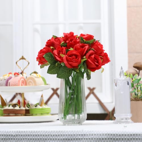 Hoteam 72 Heads Artificial Red Rose Flowers 6 Bouquet Wedding Decoration Faux Flower Arrangement Bouquet with Stem Bridal Shower Gift Floral Centerpiece for Tables - color: Red