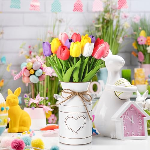 Uiifan 19 Pcs Spring Easter Centerpieces for Tables Home Office Decoration 18 Fake Artificial Tulip Flower Faux Realistic PU Bouquet with 1 Metal Pot Vase for Wedding Baby Shower(Bright Color) - color: Bright Color