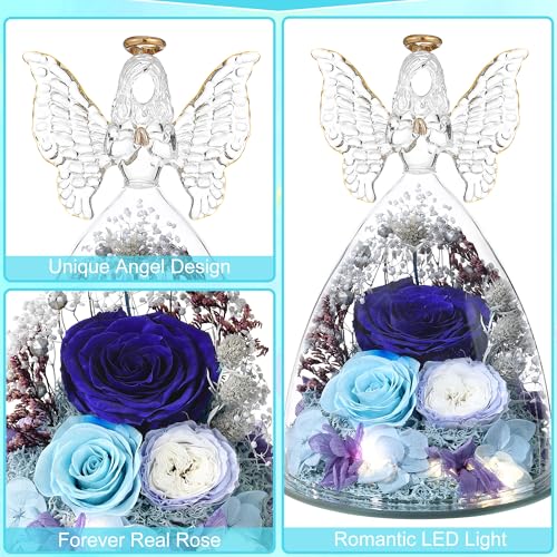 Mothers Day Rose Gifts for Women Preserved Real Flower in Glass Angel Figurines Roses for Delivery Prime Birthday Gifts for Mom Grandma Girlfriend Wife Her,Blue Austin Roses - color: Blue With Austin Roses