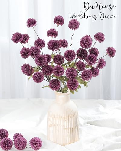 DuHouse 6pcs Artificial Flowers Faux Silk Pompon Mum,Silk Small Mini Chrysanthemum Ball with Stems for DIY Bouquets Centerpieces Vase Home Table Kitchen Decorations(Plum) - color: Plum, size: 6pcs