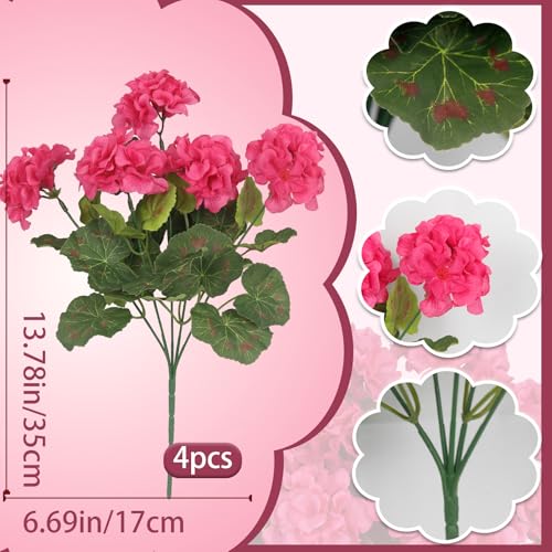 4 Pcs Artificial Geraniums Flowers for Outdoors Silk Geranium Outside UV Resistant Rose Red Fake Plants Faux Flowers for Outdoor Planters Garden Patio Porch Window Courtyard Indoor Home Decor - color: Rose Red