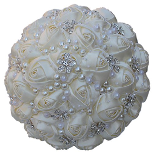 S_SSOY Wedding Bouquet Bride Bridal Brooch Bouquets Bridesmaid Bouquet Diamond Pearl Ribbon Valentine's Day Confession Party Church with Free Corsage Flower, Ivory White - color: Ivory White