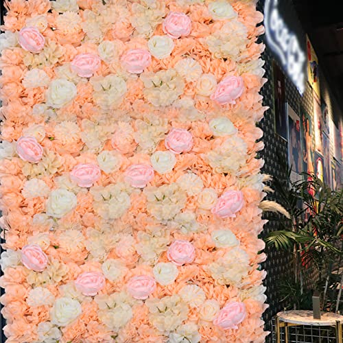 Flower Wall Panel Set, 6 Pcs Artificial Chrysanthemum Ball Dahlia Rose Peony Flowers Wall Mat Floral Backdrop Silk Flower Wall Screen for Wedding Party Wall Decoration 24*16In (Dark Champagne)… - color: 6 Pcs Dark Champagne
