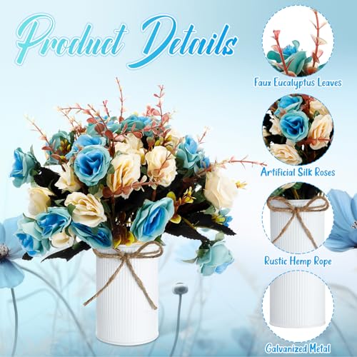 Domensi 6 Sets Wedding Centerpiece for Table Artificial Rose with Vase Fake Bouquets and Metal Pot Flower Arrangements for Bridal Shower Birthday Party Event Table Decor (Teal) - color: Teal