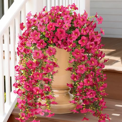 ZFProcess Artificial Hanging Flowers Plants for Outdoor Spring Summer Decoration, 2PCS Faux Silk Morning Glory UV Resistant Look Real for Outside Home Indoor Planter Porch Garden Yard Decor(Rose Red) - color: Rose Red