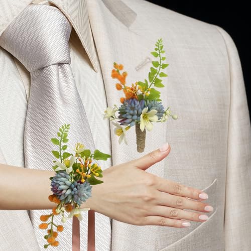 Corsage and Boutonniere Set, Handmade Artificial Peony Rose Wrist Corsage Wristlet and Groom Boutonniere for Men Wedding Prom Suit Decorations (Blue Succulent) - color: Blue Succulent