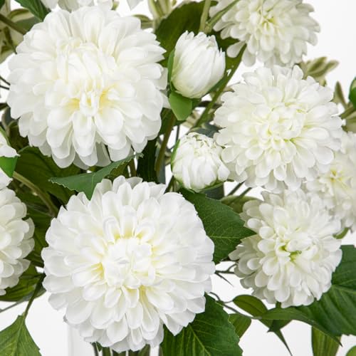 Hollyone White Fake Flowers in Vase Dahlia Artificial Flowers in Glass Vase with Faux Water Dahlia Silk Flower Arrangements for Bathroom Office Table Centerpiece Shelf Decorations Home Decor - color: White