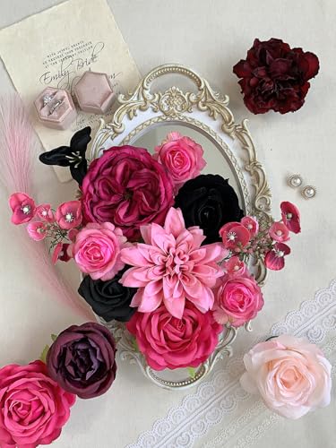 FACINOC Roses Artificial Flowers Pink Fake Flower Bouquet for DIY Bridal Wedding Shower Decorations Party Table Centerpieces Cake Decorating Silk Floral Arrangement for Home Decor Indoor Fuchsia Black - color: Fuchsia Pink, Black