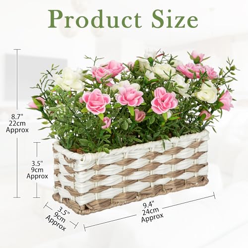 Artificial Rose Flowers with Woven Basket, Faux Roses in Fake Rattan Planter for Table Centerpiece, Romantic Floral Arrangement for Home Bedroom Spring Wedding Sweet Decor, Cream White & Soft Pink - color: Cream White & Soft Pink