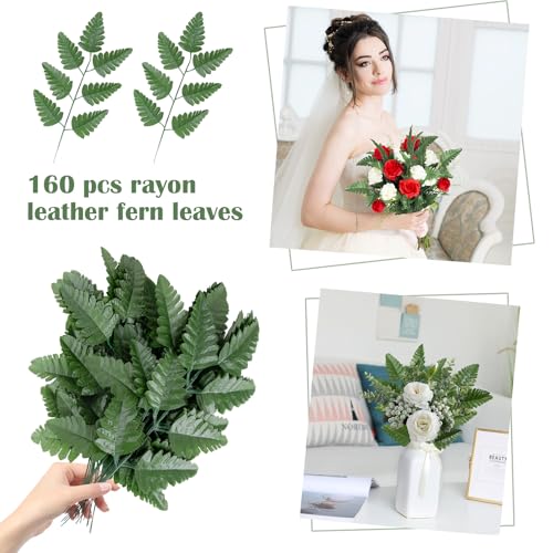 Artificial Silk Leaf Fern, Fake Greenery Fern Picks Leaves Stems for Flowers DIY Arrangement Home Wedding Garden Cemetery Decoration (160Pcs, Deep Green)