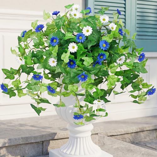 Krissing 3 Pcs Artificial Flowers for Outdoors UV Resistant Fake Greenery Plants with Daisy Flowers for Outside Planters Porch Window Box Home Decor (Blue, White) - color: Blue+white, size: 3