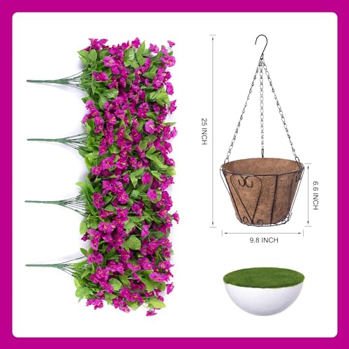 Ammyoo Artificial Faux Hanging Flowers Basket for Spring Summer Outdoor Porch Decoration, Fake Silk Colorful Morning Glory Eucalyptus in Planter UV Resistant for Home Balcony Yard(Red Purple) - color: Red Purple