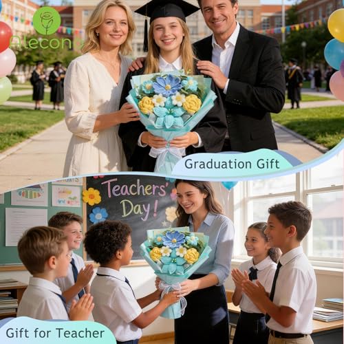 Alecono Crochet Flower Bouquet, Blue and Yellow Handmade Knitted Flowers, Crochet Tulips Galsang Flower for Lover Anniversary Birthday Mother's Day Graduation Gifts (with Card) - color: Light Blue, Yellow, size: Large