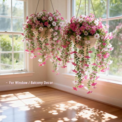 3 Pack Artificial Flowers for Outdoors,Fake Petunias Hanging - Outside Flowers UV Resistant for Porch ，Patio Decor,Tall Artificial Plants for Outdoor Planters,Spring Home Decoration(Pink White) - color: Pink-3