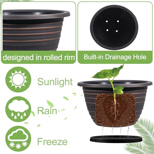 KPUVX 12 Inch Plastic Flower Pot for Indoor and Outdoor Plants, 3 Pack Large Planters with Drainage Holes & Saucers, Retro Antique Imitation Decorative Garden Pots - color: Red Brown