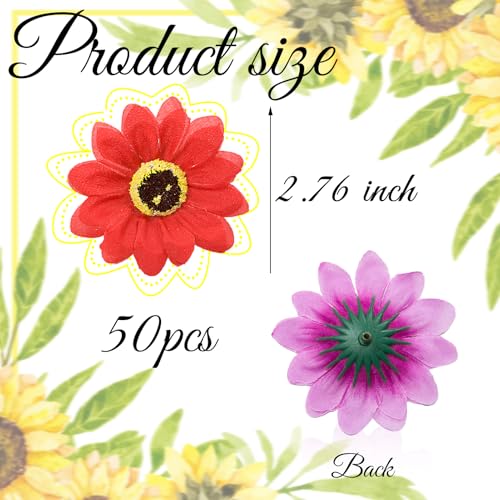 50 Pcs Faux Sunflower Heads for Craft, 2.76 Inch Artificial Sunflower Flower Heads, Red Flowers Silk Sunflower Bulk for Home Wedding, Clothing Accessories, Hair Decoration - color: Red