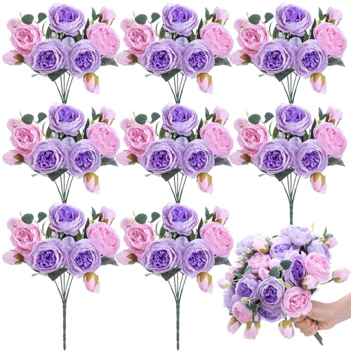 Yunsailing 8 Pack Artificial Peony Flowers Faux Silk Hydrangea Bouquet Wedding Home Table Decor Reusable Bouquet of Rose Flower for Birthday Wedding(Pink Purple) - color: Pink Purple, style: Peony