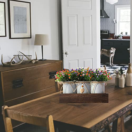 CALAVAK Decorative Centerpiece Wooden Tray with 3 Metal Potted Artificial Milan Flowers Rustic Country Farmhouse Décor for Dining Room, Living Room and Kitchen Table - style: Milan Flowers