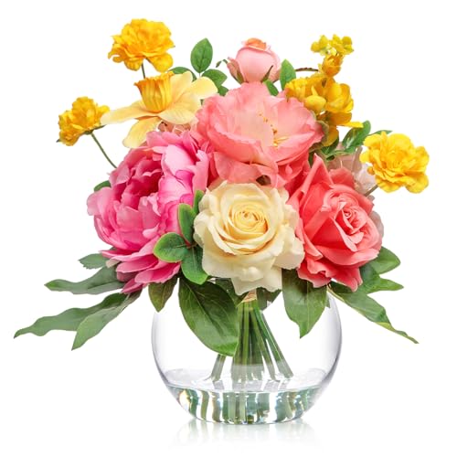 Artificial Flowers Centerpieces in Glass Vase with Fake Water, Silk Rose Peony & Daffodil Bouquet with Vase for Birthday Party Wedding Dinning Table Office Hotel Decor Gift (Yellow, Coral & Hot Pink) - color: Yellow, Coral & Hot Pink