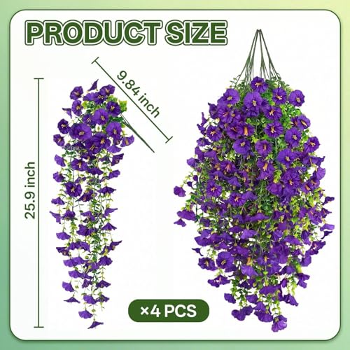 Artificial Hanging Flowers for Outdoors, 4 PCS UV Resistant Morning Glory Flowers with Eucalyptus Leaves, Silk Fake Flower Realistic Faux Plants for Home Patio Porch Garden Decor, Purple - color: Purple