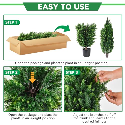 4FT Artificial Topiary Cedar Trees 2 Set, Fake Trees Outdoor Indoor UV Resistant Faux Bushes Artificial Shrubs for Garden Home Front Door Office Decor