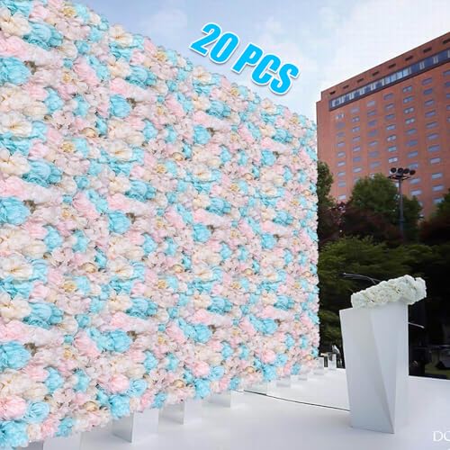 12 Pcs Artificial Flowers Decoration, Floral Background Walls Artificial Flowers Wall Panels, 23.62" X 15.74" Silk Rose Rayon Flower Wall Mat Backdrop for Wedding Party Event Decor - color: Blue