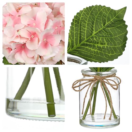 DILATATA Hydrangea Artificial Flowers with Glass Vase, Pink Real Touch Silk Hydrangea Arrangement with Faux Water, Small Faux Floral Centerpiece for Home Decor, Wedding, Bathroom, Shelf, Coffee Table - color: Pink-hydrangea