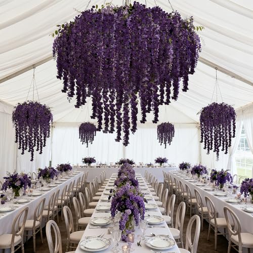 IPOPU Dark Purple Wisteria Hanging Flowers Garland 6.4FT Wisteria Garland Hanging Flowers for Decoration for Wedding Arch, Backdrop, Garden Party Decor, 3 PCS (Dark Purple) - color: Dark Purple