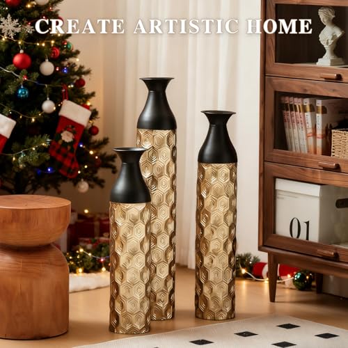Tall Floor Vases Set of 3 for Decor Living Room Floor, Black and Gold Vases Home Decor, Embossed Body Pattern, 33.8" H/29.1" H/24.8" H Geometric Cylinder (Gold 6) - color: Gold 6