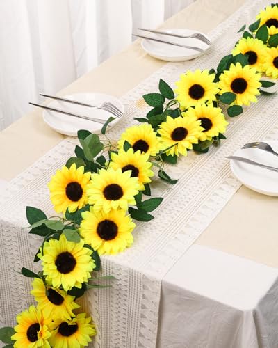 Coferset 30 Blooms Artificial Sunflower Garland, 3Pack Realistic Sunflowers Artificial Flowers 7.5Ft Silk Fake Sunflowers Vine with Green Leaves for Baby Shower Wedding Party Garden Wall Decor - color: 3pcs