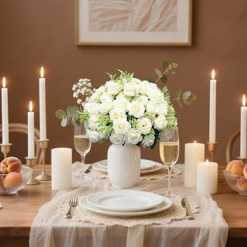 8 Pack Rose Artificial Flowers Bouquet, 10 Small Silk Rose Heads Per Pack, Fake Roses Bunches for Wedding Table Centerpieces Bridal Bouquet Mother's Day Valentine's Day Home Decor, White - color: Milk White