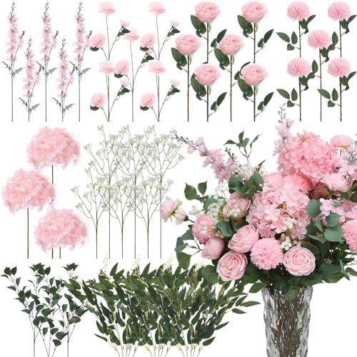 Suncalla 36 Pcs Pink Artificial Flowers Bouquet Set 8 Kind Faux Delphinium Rose Peony Chrysanthemum Hydrangea Baby's Breath Florals with Greenery Long Stem for Wedding Table Vase Decor - color: Pink
