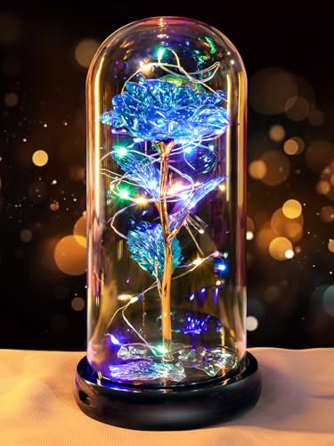 Mothers Day Flowers Gifts for Mom Women Birthday Gift Rechargeable Galaxy Glass Rose in Glass Dome Forever Crystal Eternal Rose Anniversary Mothers Day Roses Gifts for Daughter Wife Women Grandma Blue - color: Usb-c Blue
