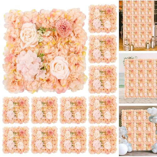 12-Pack Flower Wall Panels, 15x15 Inch Artificial Silk Rose Backdrop 3D Silk Hydrangea Rose Floral Panel for Photo Background Home Party Wedding Backdrop Decoration - color: Orange