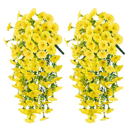 Ivydale 2 PCS Artificial Hanging Flowers Fake Plants Outdoor,Silk Morning Glory Faux Flowers with Eucalyptus Leaves,UV Resistant Realistic Hanging Petunias Plants for Home Garden Decor (Yellow) - color: Yellow