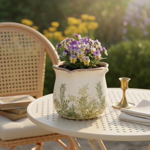 Xiaan Jiaju Cottagecore Ceramic Vase and Planter, 6 Inch Flower Pot with Drainage for Indoor House Plants, Country Cottage Garden Home Decor, Rustic Farmhouse Gift for Plant Lovers - color: Cottage Fern