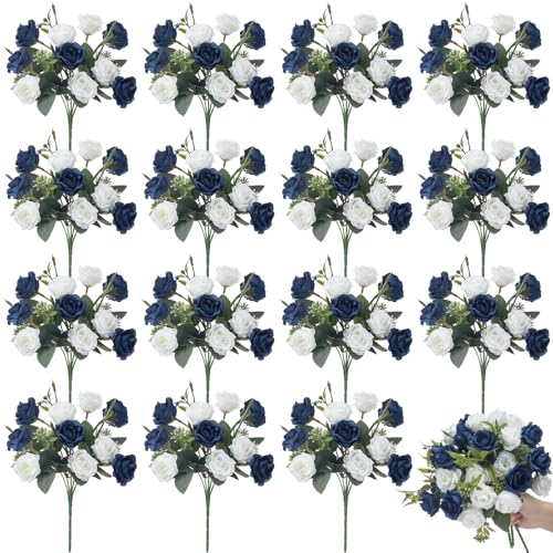 Zeyune 16 Bunches 12 Inch Artificial Mini Rose Bouquet 160 Heads Bridal Flower Bouquets Fake Silk Rose Bulk for Valentine's Day Wedding Bridal Shower Home Office Garden(Dark Blue and White) - color: Dark Blue and White