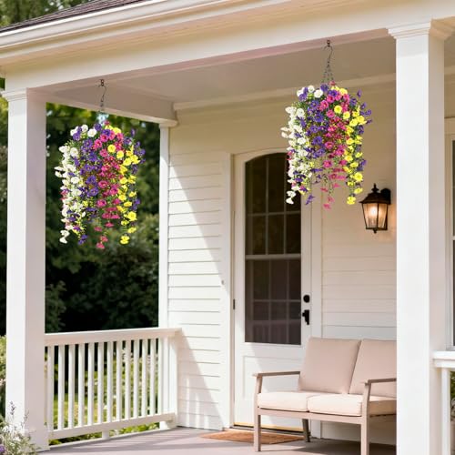 Homsunny Artificial Fake Hanging Flowers Plants Baskets for Outdoor Spring Decoration, Faux Morning Glory Silk Flower for Outside Realise UV Resistant Patio Yard Balcony Porch Home Decor (Mixed 2) - color: Mixed 2
