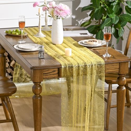 Artoid Mode Light Yellow Gold Gauze Table Runner 120 Inch 10FT, Glitter Metallic Foil Sheer Dining Wedding Anniversary Holiday Birthday Table Decor for Home Party - color: Yellow, size: 28" x 120"