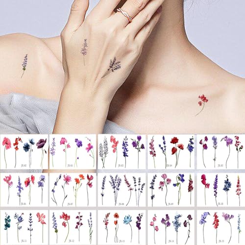 15 Sheets Lavender Temporary Tattoos Watercolor Flower Wild Floral Fake Tattoo Sticker For Women Body Art Temp Tattoo Paper