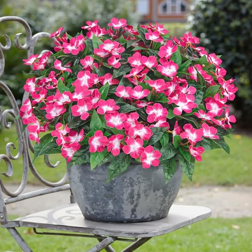 6 Pcs Artificial Flowers for Outdoors Fake Silk Periwinkle Flowers Faux Plants UV Resistant Bouquet Decorations for Planters Spring Summer Garden Porch Patio Window Box Balcony Home, Fuchsia - color: Fuchsia