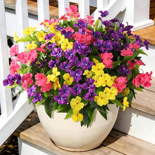 Artificial Impatiens Flowers for Outdoors, 6 Bundles Multicolor Silk Fake Flowers for Spring Summer Decoration, UV Resistant Faux Plants Plastic Bouquet for Home Planter Porch Patio Yard Decor - color: Purple,yellow,pink
