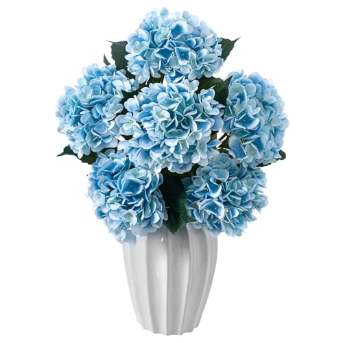 6PCS Realistic Artificial Silk Hydrangea Flowers – Premium Fake Hydrangea Flowers Bouquets with Stems, Full Faux Hydrangea Blooms for Home Wedding Table Party Office Decorations(Light Blue) - color: Light Blue