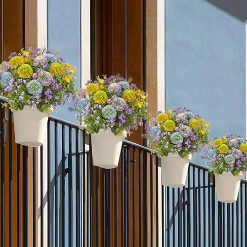 UV Resistant Artificial Flowers for Outdoors & Indoors 3 Bouquets, 12.9" Faux Mums Chrysanthemum Plastic Flowers for Decoration, Fake Floral Arrangements for Home, Planter, Patio, Porch, Garden Decor - color: Yello & Blue & Purple
