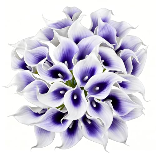 Calla Lily Bridal Wedding Festival Decor Bouquet Real Touch Latex Flower Bouquet Pack of 20 (Purple-White) - color: Purple-white