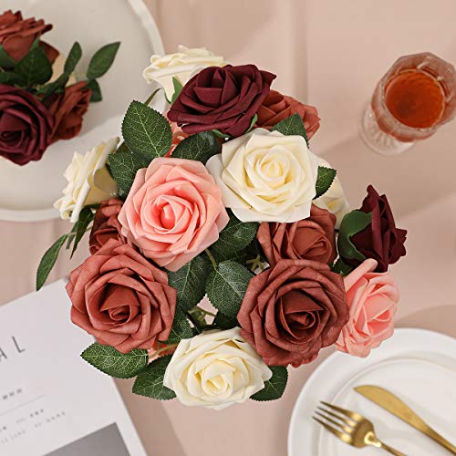 DerBlue 60pcs Artificial Roses Flowers Real Looking Fake Roses Artificial Foam Roses Decoration DIY for Wedding,Arrangements Party Home Decorations (Shades of Burgundy, 60pcs Regular 3") - color: Shades of Burgundy