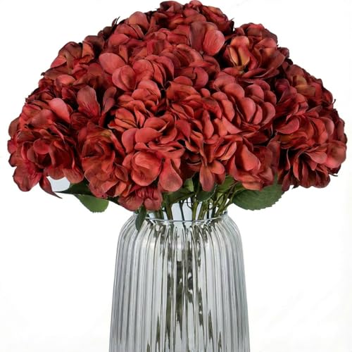 2Bouquets Artificial Fake Flowers Silk Hydrangea Arrangements Wedding Bouquets Decorations Plastic Floral Home Kitchen Garden Party Festival Bar DIY (Red,5 Flower Heads) - color: Red,5 Flower Heads
