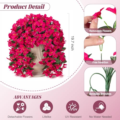 INXUGAO 2 pcs Artificial Faux Bougainvillea Flowers Plants for Outdoor Outside Summer Decoration, Fake Silk UV Resistant Long Trailing Vines for Front Door Porch Planter Balcony (Purple Rose Red) - color: Rose Red
