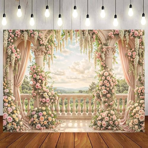 6 x 4 ft Pink Floral Backdrop Rome Garden Balcony Arch Retro Flowers Photography Backdrops Wedding Birthday Party Decorations Baby Bridal Shower Portrait Photo Background Studio Props Wall Decor - color: Multi02, size: 6X4FT