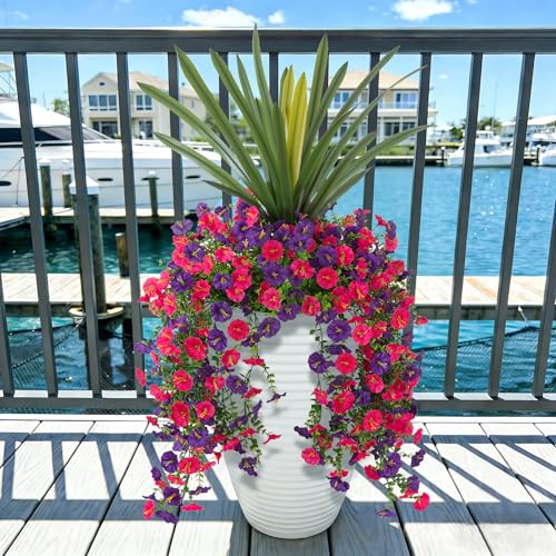 Fake Artificial Morning Glory Flowers for Outdoors+Faux Orchid Greenery Plants UV Resistant Weatherproof for Indoor Outdoor Garden Patio Window Box Home Decor - color: Dark Purple,rose Red